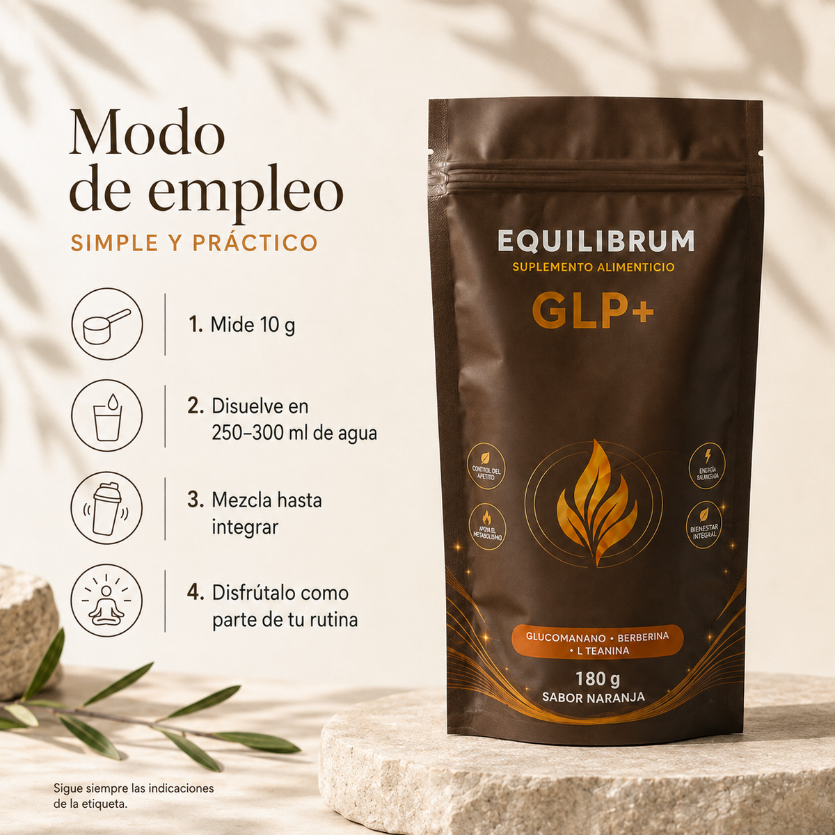 Modo de empleo de Equilíbrum GLP+: mide 10 g, disuelve en agua, mezcla y disfruta