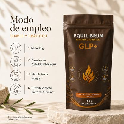 Modo de empleo de Equilíbrum GLP+: mide 10 g, disuelve en agua, mezcla y disfruta